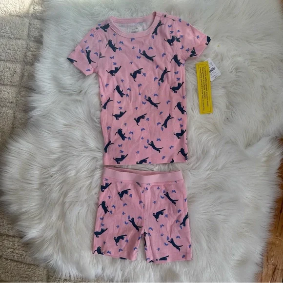 Crewcuts J. Crew Kids Pink 2-Piece Pajama Set with Blue Cat and Butterfly Print - Picture 2 of 8